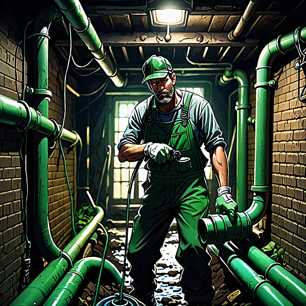 see image references for example prompts, a man cleaning green pipes in a dark basement, detailed face, overalls, dirty hands, serious expression, focused, ambient lighting, gritty atmosphere, rough textures, muted colors, chiaroscuro lighting, cinematic composition, moody, photorealistic, 8k, hyper detailed, animetoreal