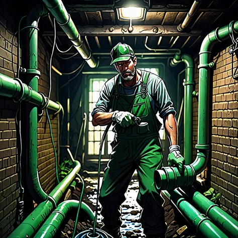 see image references for example prompts, a man cleaning green pipes in a dark basement, detailed face, overalls, dirty hands, s...