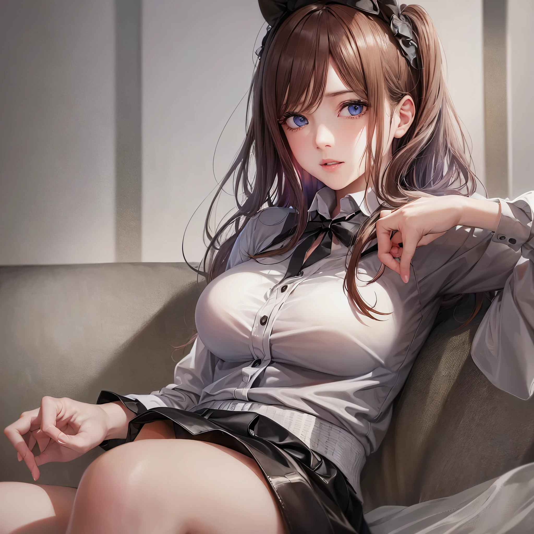(best quality:1.2,masterpiece:1.2),solely,1girl,serious,beautiful detailed eyes,beautiful detailed lips,extremely detailed eyes and face,long eyelashes,Miku Nakano,looking at the viewer,hand on face,sitting,crossed legs,button-up shirt,tied-up skirt,stockings,thick thighs,big breasts,illustration,ultra-detailed,realistic:1.37,professional,portrait,vivid colors,soft lighting