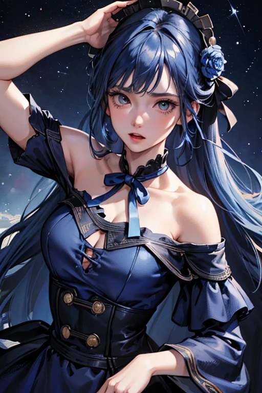 Absurd resolution, high resolution, (masterpiece: 1.4), super detailed, (((detailed face, detailed expression)), a girl with beautiful blue hair, with ribbon in the middle, off shoulder navy blue dress, background is Starry night