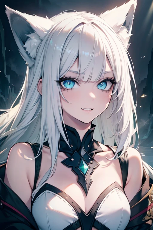 a beautiful white-haired, green-eyed foxy girl, modest expression, open-mouthed smile revealing large fangs, 1girl, detailed facial features, extremely detailed eyes and face, beautiful detailed eyes, beautiful detailed lips, longeyelashes, intricate details, realistic, photorealistic, 4k, 8k, highres, masterpiece, ultra-detailed, vivid colors, dramatic lighting, fantasy, concept art