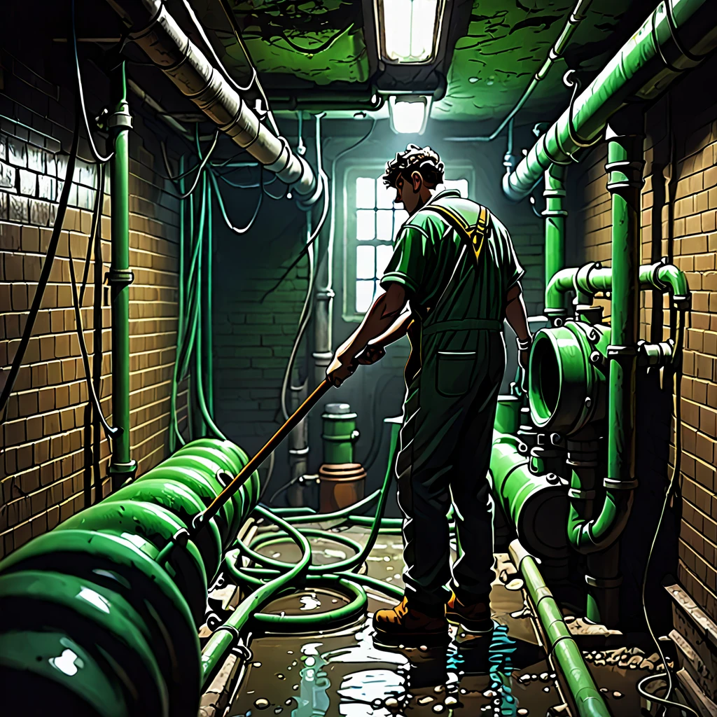 see image references for example prompts, a man cleaning green pipes in a dark basement, (back view:1.7), overalls, dirty hands, serious expression, focused, ambient lighting, gritty atmosphere, rough textures, muted colors, chiaroscuro lighting, cinematic composition, moody, photorealistic, 8k, hyper detailed, animetoreal