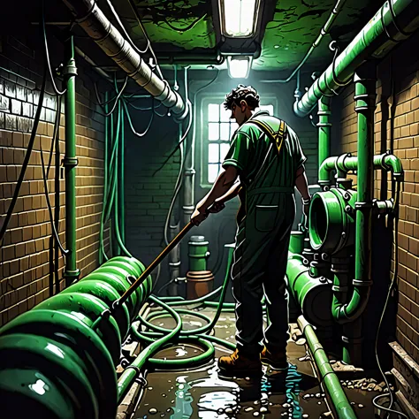 see image references for example prompts, a man cleaning green pipes in a dark basement, (back view:1.7), overalls, dirty hands,...