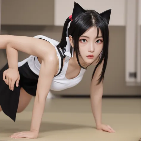 有三個maid outfit的女人，doing push-ups on mat in gym，in the gym，exercise muscle tone，exercise，very intense，posture，sexy，big boobsmaid ...