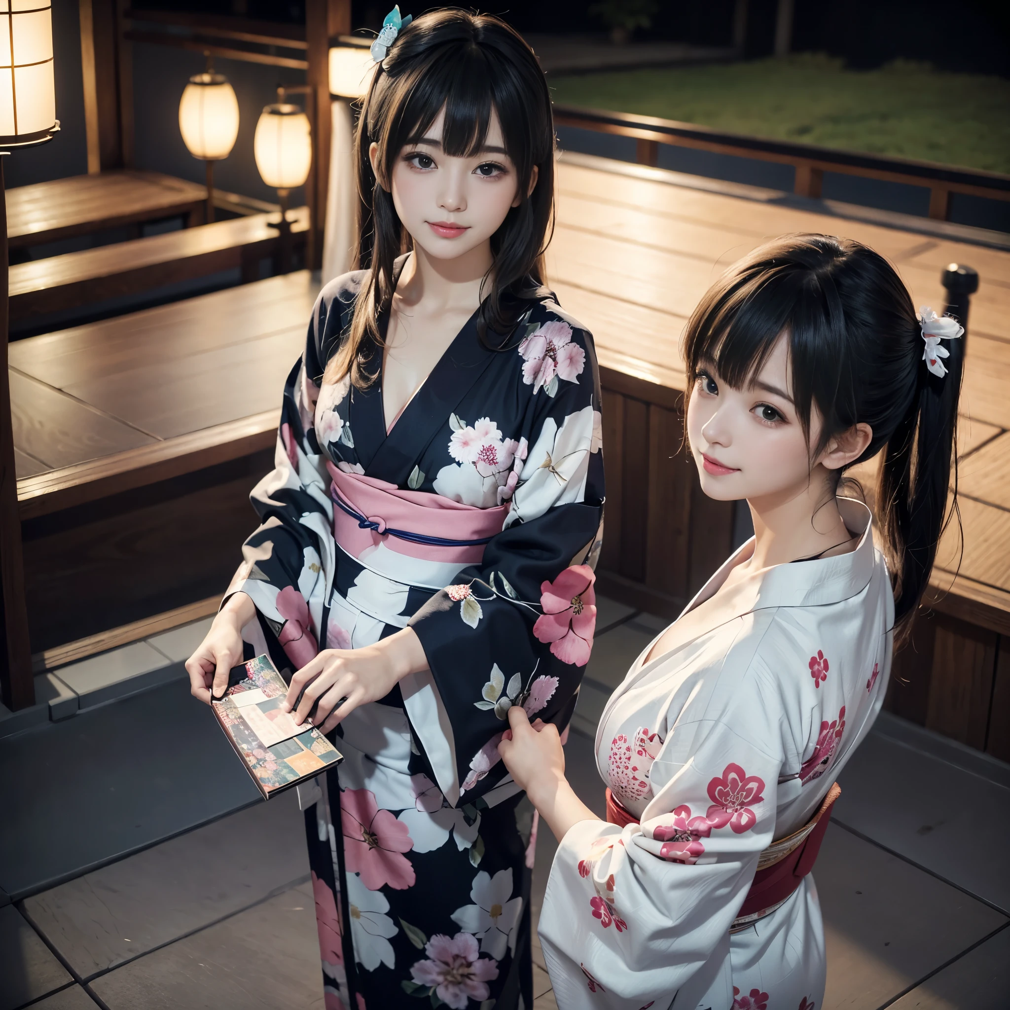 (High Angle,From above,Cleavage),♥(Beautiful Japanese floral kimono,yukata),((One girl,cute,young,Semi-long beautiful black hair,Blunt bangs,A Tale of Twins,Beautiful Eyes)),(alone),((masterpiece, Highest Resolution,highest quality)), (Beautiful illustrations),(Beautiful Japanese floral kimono,yukata),The color of the yukata is random.、
 (Looking at the audience), An innocent smile,Cinema Lighting,Japanese Festivals,Stall,firework,Night Sky,full moon,shooting star,