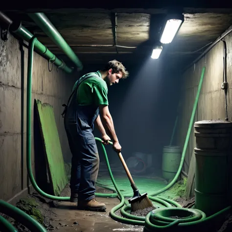 see image references for example prompts, a man cleaning green pipes in a dark basement, (back view:1.7), blue overalls, green s...