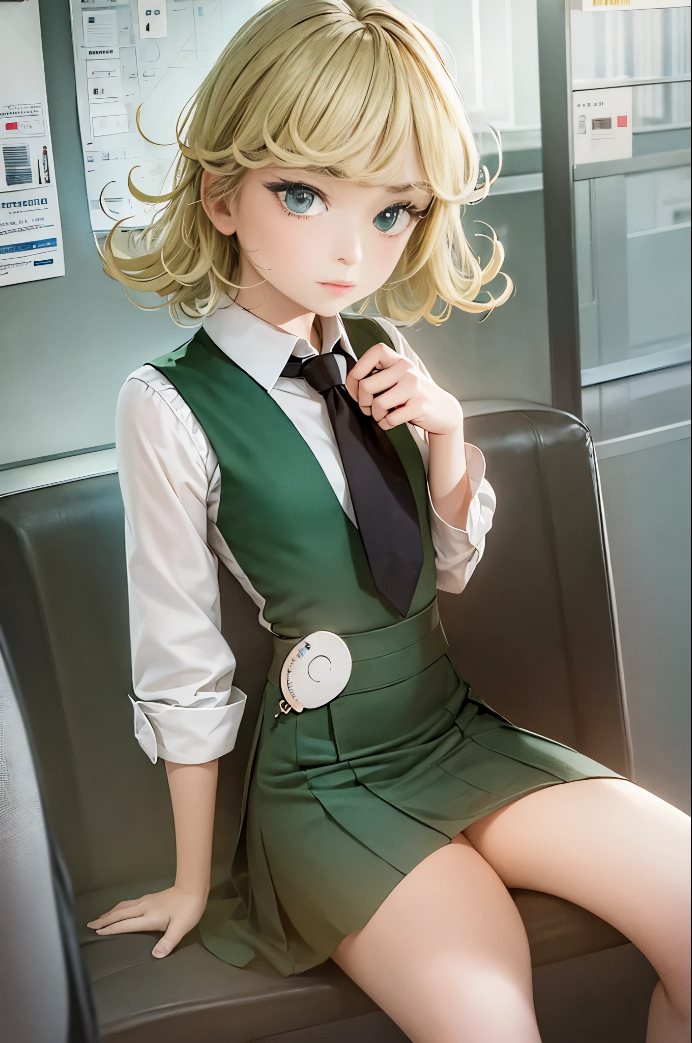 (masterpiece, best quality:1.2), solo, 1girl, tatsumaki, unamused, closed mouth, looking at viewer, hand on own face, sitting, crossed legs, collared shirt, necktie, skirt,green hair green eyes,medium thighs 