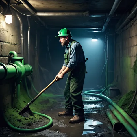 see image references for example prompts, a man cleaning green pipes in a dark basement, (back view:1.75), blue overalls, green ...