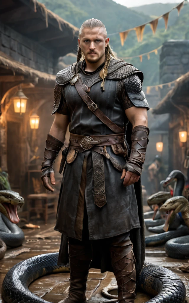 Ragnar Lothbrok ,Wikinger,von Schlangen umgeben, Schlange umringt sie, Schlangenmann, jormungandr, viele Schlangen, Immer noch God of War-Film, jormungandr, eugene gottsnake, WIKINGER, Schlange, Tuomas Korpi e Wlop, Anakonda, Standbild aus einem Fantasyfilm, Chris Escaldo,