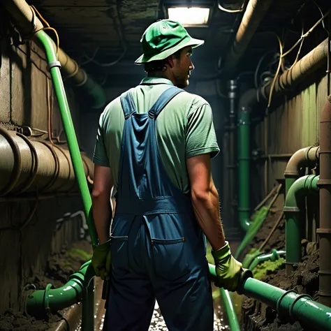 see image references for example prompts, a man cleaning green pipes in a dark basement, ((back view:1.9)), blue overalls, green...