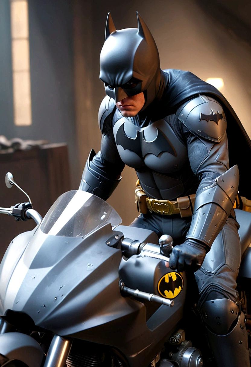 A Batman in a damaged uniform, riding a Bat motorcycle, viewed from behind, preparing to leave, (best quality,4k,8k,highres,masterpiece:1.2),ultra-detailed,(realistic,photorealistic,photo-realistic:1.37),dark brooding atmosphere, gritty realistic style, moody lighting, dynamic pose, intricate details, highly detailed Bat motorcycle, worn and scuffed uniform, intense focused expression