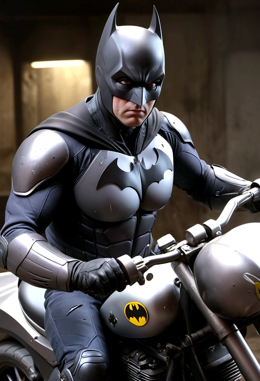 A Batman in a damaged uniform, riding a Bat motorcycle, viewed from behind, preparing to leave, (best quality,4k,8k,highres,masterpiece:1.2),ultra-detailed,(realistic,photorealistic,photo-realistic:1.37),dark brooding atmosphere, gritty realistic style, moody lighting, dynamic pose, intricate details, highly detailed Bat motorcycle, worn and scuffed uniform, intense focused expression