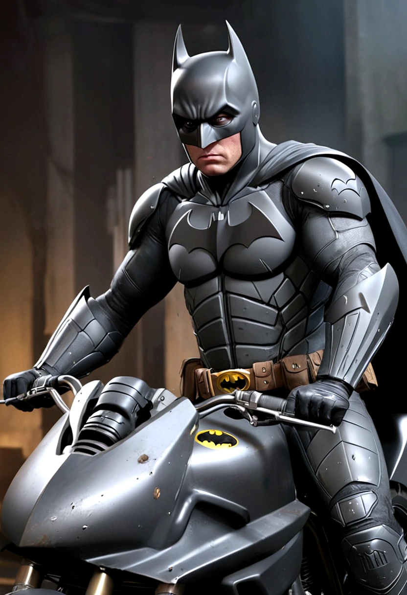 A Batman in a damaged uniform, riding a Bat motorcycle, viewed from behind, preparing to leave, (best quality,4k,8k,highres,masterpiece:1.2),ultra-detailed,(realistic,photorealistic,photo-realistic:1.37),dark brooding atmosphere, gritty realistic style, moody lighting, dynamic pose, intricate details, highly detailed Bat motorcycle, worn and scuffed uniform, intense focused expression