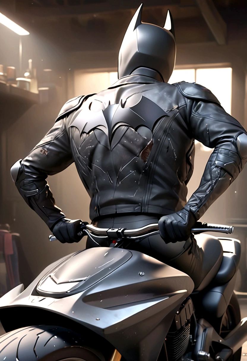 A Batman in a damaged uniform, riding a Bat motorcycle, viewed from behind, preparing to leave, (best quality,4k,8k,highres,masterpiece:1.2),ultra-detailed,(realistic,photorealistic,photo-realistic:1.37),dark brooding atmosphere, gritty realistic style, moody lighting, dynamic pose, intricate details, highly detailed Bat motorcycle, worn and scuffed uniform, intense focused expression