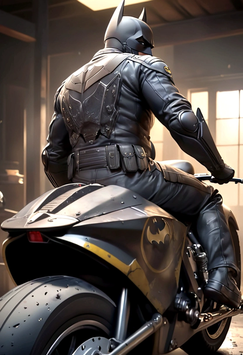 A Batman in a damaged uniform, riding a Bat motorcycle, viewed from behind, preparing to leave, (best quality,4k,8k,highres,masterpiece:1.2),ultra-detailed,(realistic,photorealistic,photo-realistic:1.37),dark brooding atmosphere, gritty realistic style, moody lighting, dynamic pose, intricate details, highly detailed Bat motorcycle, worn and scuffed uniform, intense focused expression