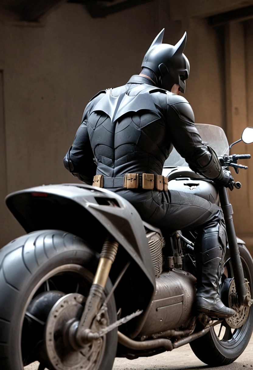 A Batman in a damaged uniform, riding a Bat motorcycle, viewed from behind, preparing to leave, (best quality,4k,8k,highres,masterpiece:1.2),ultra-detailed,(realistic,photorealistic,photo-realistic:1.37),dark brooding atmosphere, gritty realistic style, moody lighting, dynamic pose, intricate details, highly detailed Bat motorcycle, worn and scuffed uniform, intense focused expression