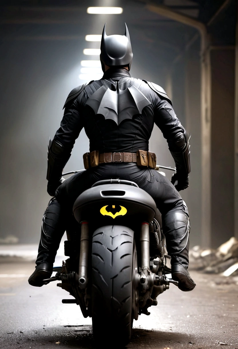 A Batman in a damaged uniform, riding a Bat motorcycle, viewed from behind, preparing to leave, (best quality,4k,8k,highres,masterpiece:1.2),ultra-detailed,(realistic,photorealistic,photo-realistic:1.37),dark brooding atmosphere, gritty realistic style, moody lighting, dynamic pose, intricate details, highly detailed Bat motorcycle, worn and scuffed uniform, intense focused expression