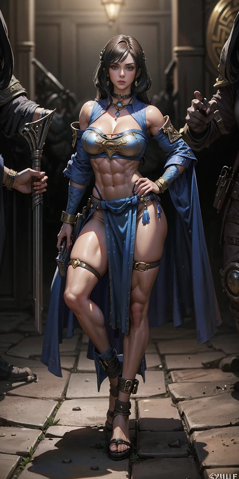 full body toe to head, masterpiece, 1soloMILF BIMBO standing loincloth pose hands on hips, leather collar choker neck bell shackles wristbands bracers bracelets sleeves and stockings, strong body, abs, shiny skin (masterpiece, best quality) 1girlsolo wearing 40K Warhammer sisters of battle whsororitas (plain background)