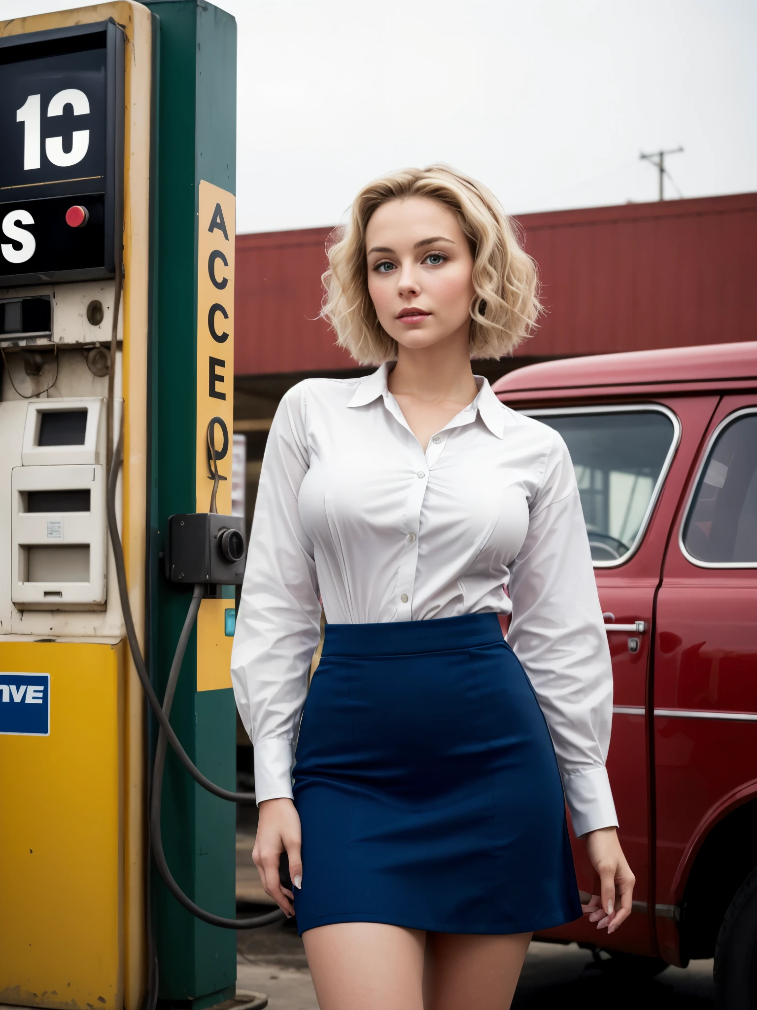 The photograph of girl in her work environment would exude elegance and confidence. She would be captured in a vintage-style gas station, perhaps standing next to a classic fuel pump. girl's attire would showcase her understanding of fashion, with a form-fitting blouse and a stylish skirt that accentuates her figure. Her expression would be poised and self-assured, reflecting her awareness of her surroundings and her ability to command attention. The background would feature elements of the gas station, such as old-fashioned signage and nostalgic details, emphasizing Emily's connection to her workplace and the retro charm it exudes. (detailed face, huge breasts:1.2)