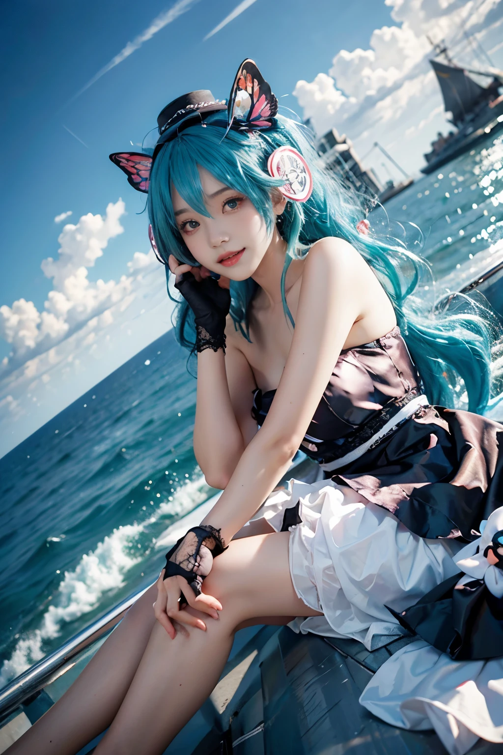 hatsune miku cosplay costume, hatsune miku, cosplay, twintails, aqua hair, very long hair, strapless dress, dress, fingerless gloves, mini hat, butterfly hair ornament, hair ornament, headphones, butterfly headphones, thighhighs, high heels, (whole body),(best quality,Extremely detailed,Reality),Beautiful and delicate eyes,Beautiful and delicate lips,Young female model,saturation,Soaked,Offshore,blue sky and clouds,Surfing on a sailboat, leaning on railing,Charming smile,Long legs,fit,Stunning face,masterpiece