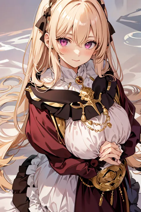 solo, light almond hair, long hair, dark pink eyes, sweet smile, subtle blush, large chest