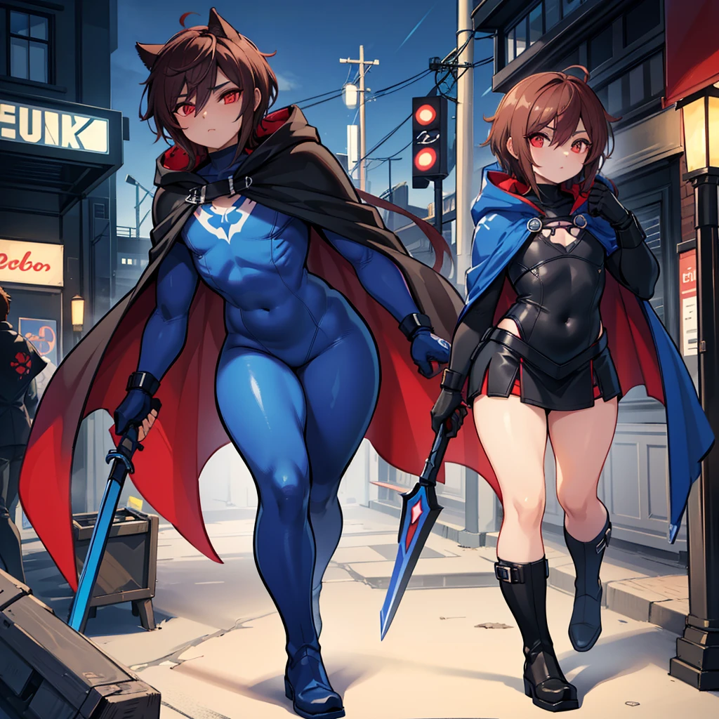 1 menino, femboy, Super heroi, homem crossdresser, Adolescente, com um terno azul escuro com detalhes em vermelho com tema Spandex corvo de corpo inteiro, com uma capa azul, um decalque azul brilhante no peito, luvas pretas e botas pretas que lembram pés de galinha, e um moletom, longa espada vermelha tecnológica, Moreno, olhos vermelhos, cabelo castanho escuro feminino na altura dos ombros, quadris largos, coxas grossas , peito achatado, cintura estreita, em uma pose sugestiva, andando pela rua de uma cidade futurista à noite ((Apenas um personagem))