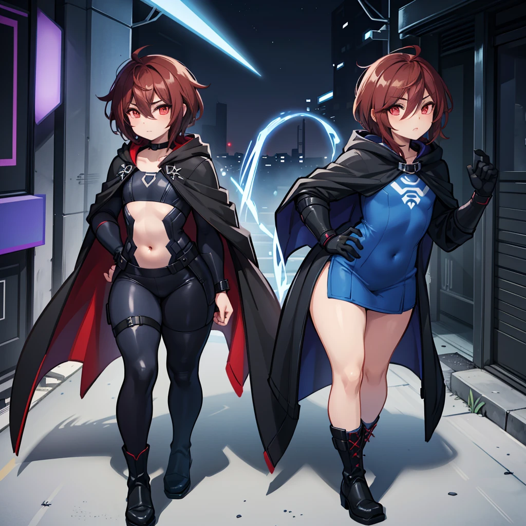 1boy, Femboy, superhero, crossdresser man, teenager, with a dark blue with red accents full body Spandex crow themed suit, with a blue cape, a blue glowing decal in the chest, black gloves and black boots that resemble crow feet, and a hoodie, long technological red sword, brown skinned, red eyes, feminine shoulder length dark brown hair, wide hips, thick thighs , flat chest, narrow waist, in a suggestive pose, walking down street a futuristic city at night ((only one character))