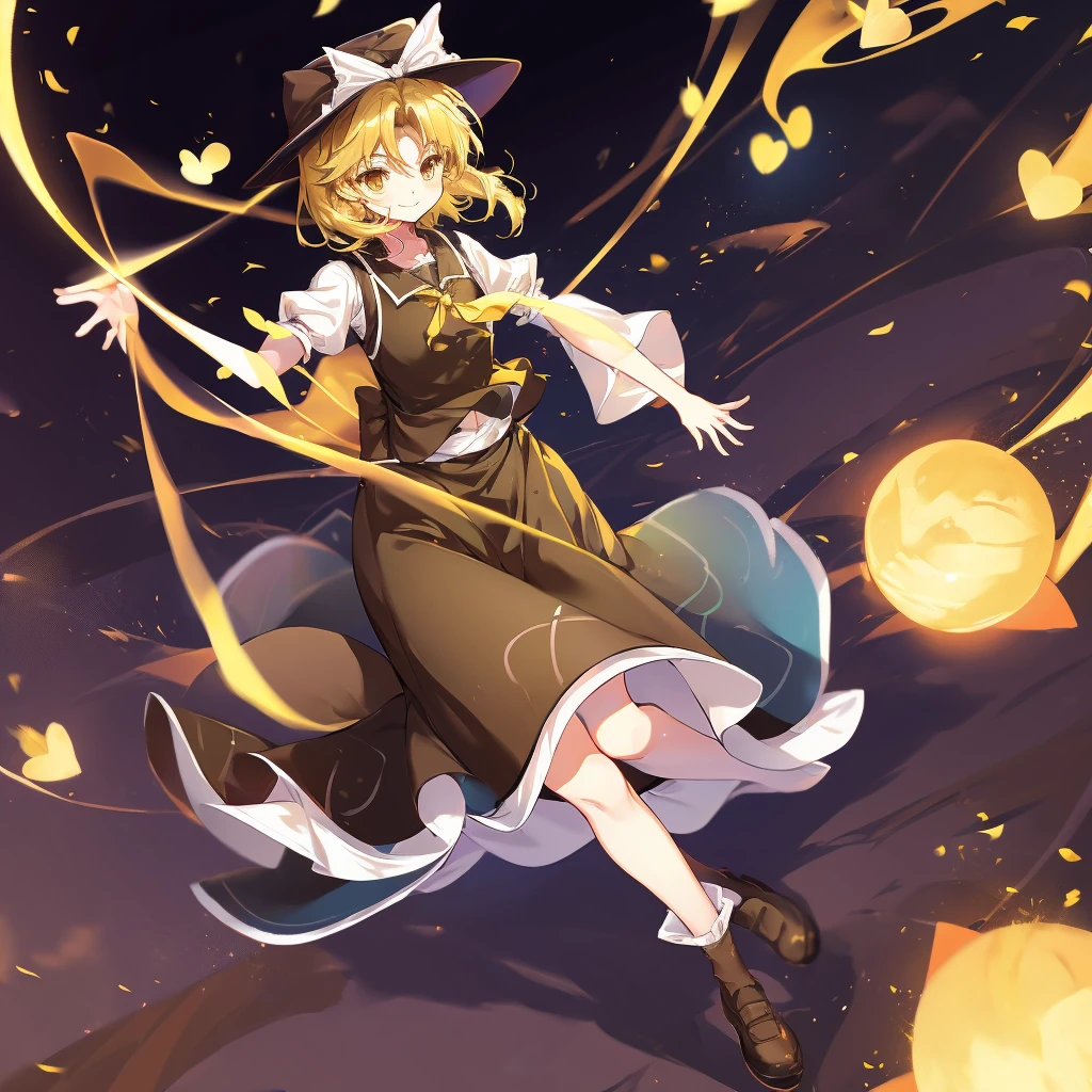 1girl, , , masterpiece, best quality, 10 years old, medium blonde hair, forehead visible bags, yellow eyes, hat, heart, black headwear, puffy short sleeves, log black skirt, heart hads,,1girl, solo, yellow eyes, yellow hair, bow, hat bow, socks, black footwear, black skirt, short sleeves, yuki (touhou), black vest, white sleeves, frill skirt, light smile