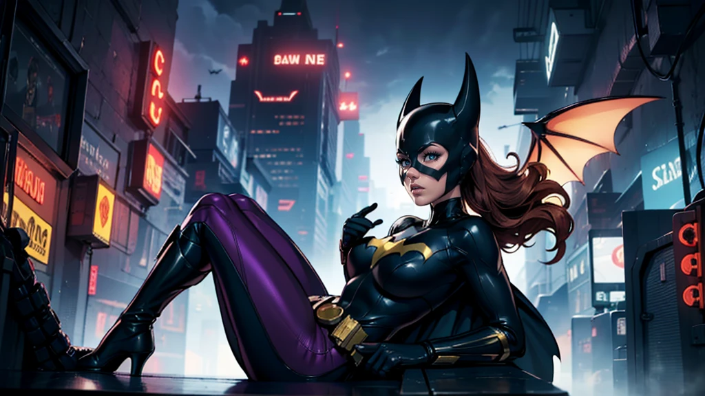 work of art, Ultra-fine photo, batgirl mask, best qualityer, ultra high resolution, photorrealistic, lighting sun, full - length portrait, incredibly beautiful, dynamic poses, 精致的面容, vibrant eyes, (lateral view) , ela usa fantasia futurist do Batman, breasts big, neckleace, below the chest, Sitting on top of a building, very detailed background, night city background, gazing at viewer, 1girl, face detailed, marvelous, highly detailed skin, realistic skin detail, sharp focus, volumetric Fog, 8k hd, dslr, high qualiy, film grain, skin fair, fotorrealism, Lomography, in a dystopian and sprawling future metropolis, viewed from below, translucent, Cyberpunk Background, futurist, Neon lights