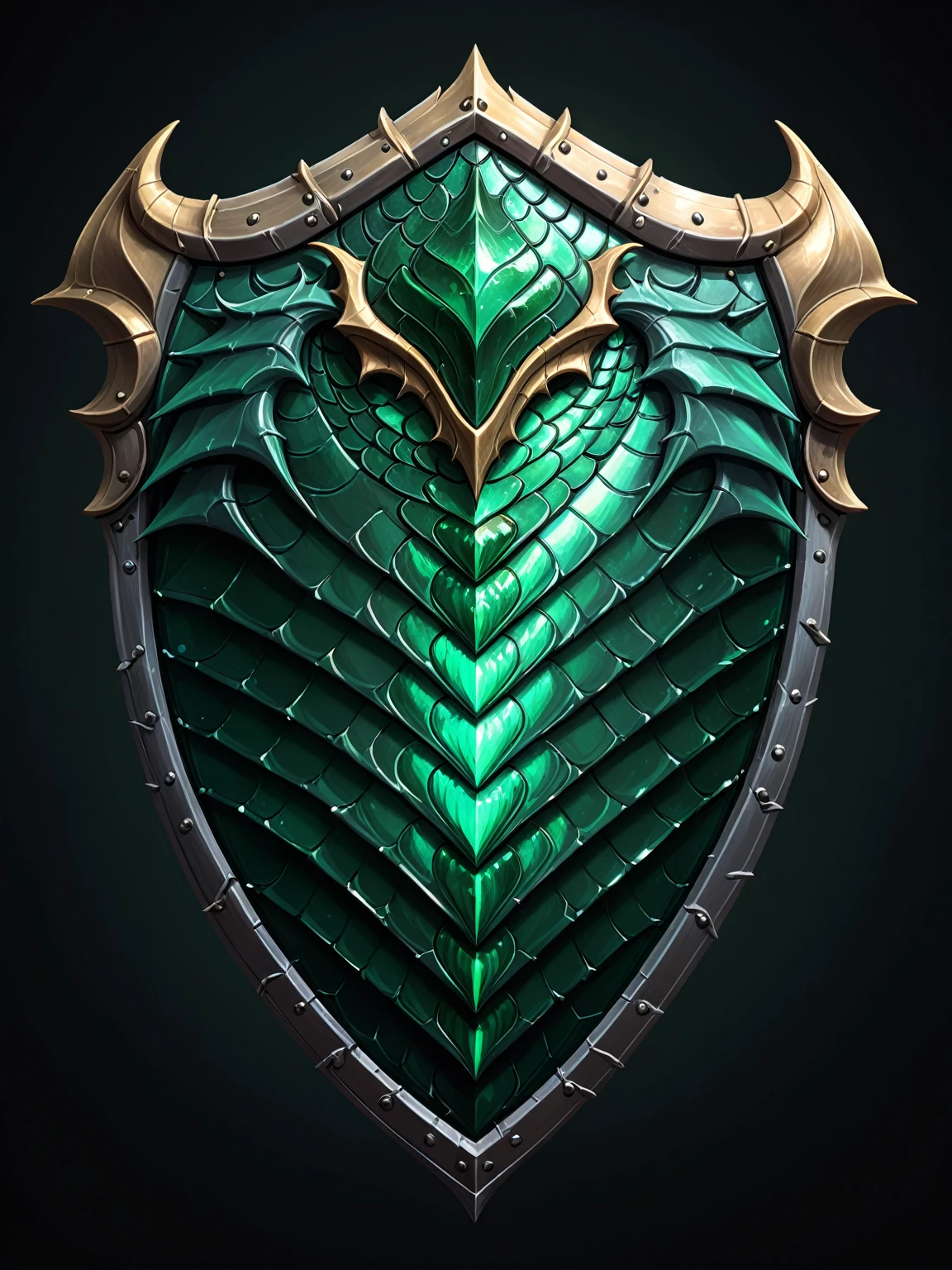 pixel art, cartoon illustration, dragon scale shield, emerald colors, simple black background, game icon 