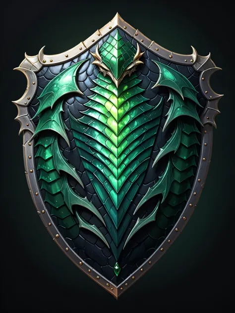 pixel art, cartoon illustration, dragon scale shield, emerald colors, simple black background, game icon 