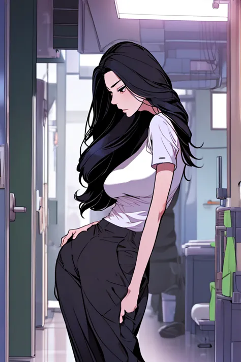 Woman, Korean, long black hair, purple eyes, stoic attitude, explosive temperament, black t-shirt, baggy pants, contemptuous exp...