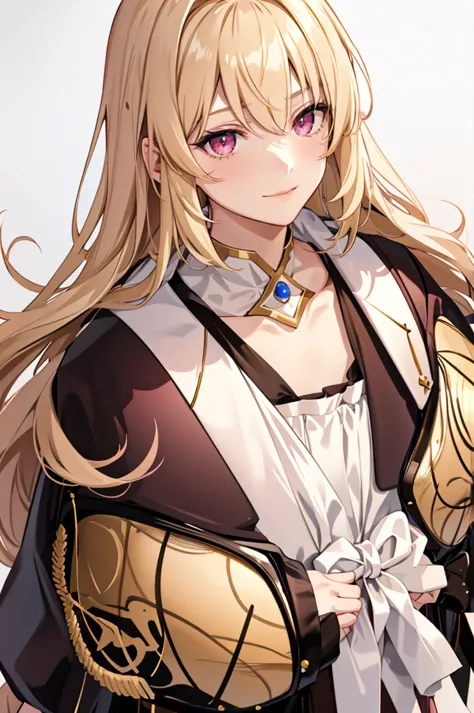 solo, light almond hair, long hair, dark pink eyes, sweet smile, subtle blush, large chest