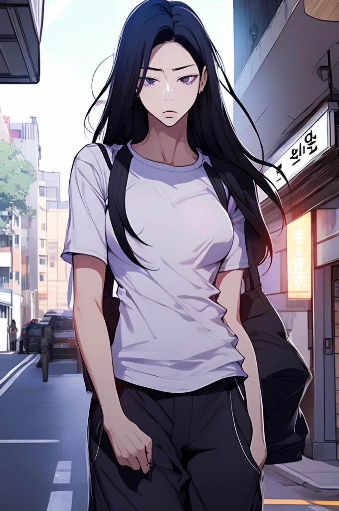 Woman, Korean, long black hair, purple eyes, stoic attitude, explosive temperament, black t-shirt, baggy pants, contemptuous expression, defiant posture, apartment, soft lighting, medium angle view.