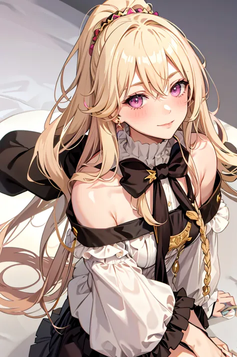 solo, light almond hair, long hair, dark pink eyes, sweet smile, subtle blush, large chest