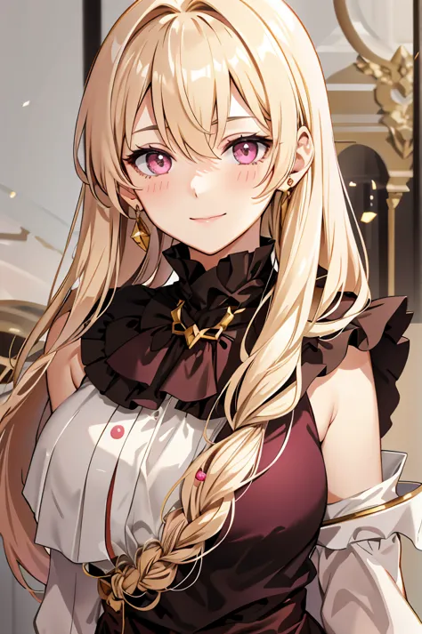 solo, light almond hair, long hair, dark pink eyes, sweet smile, subtle blush, large chest