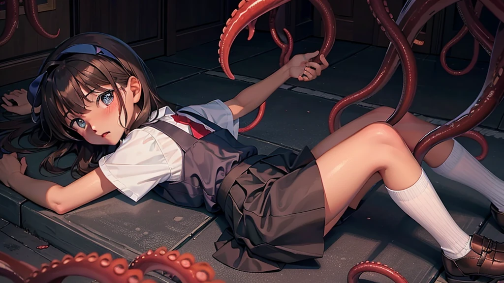 最high quality、high quality、８age、Cute elementary school student、Dark Hallway、Cute Dress、Skirt lining、Translucent slip、Midnight School Building、Attacked by tentacles、Tentacles entangled around my legs、Caught by tentacles、Cry、Tentacles in the skirt、No escape、Lying down、Ripped clothes、You can see the spats under the skirt、Spread your legs、Disheveled clothing、Skirt flipped up、