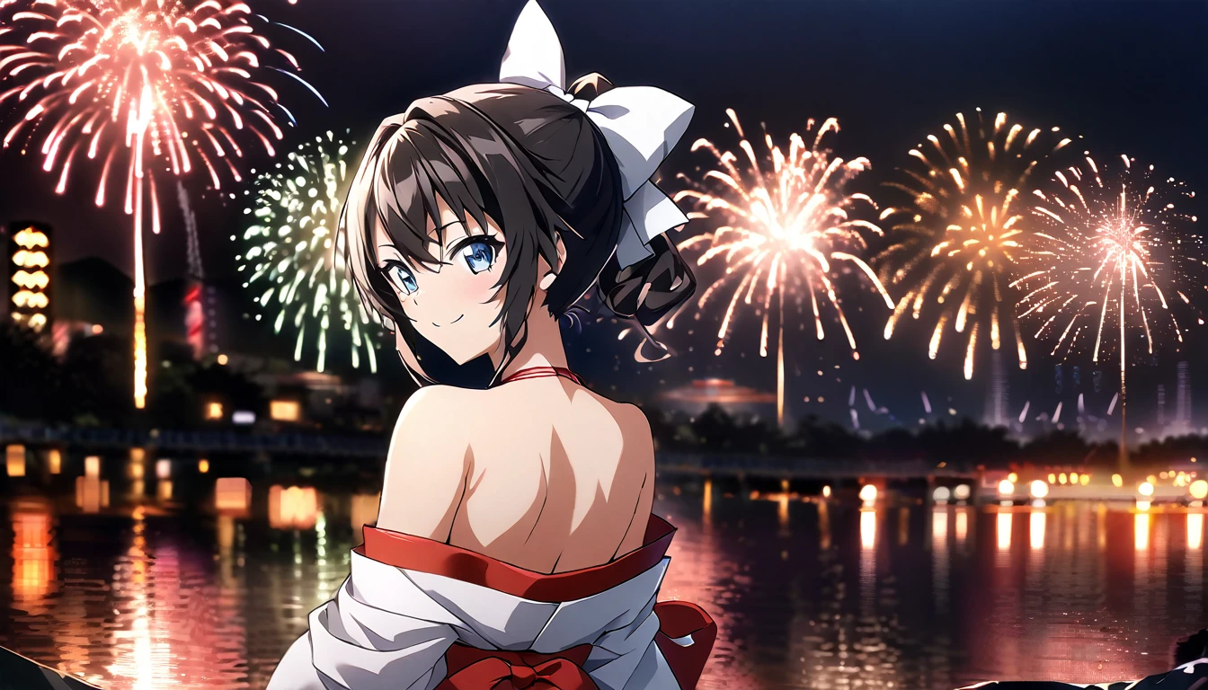 
score_9, score_8_up, score_7_up, source_anime, from behind, solo, 1girl, ioricurrent, scar, smile, looking back, black hair, hair bow, white bow, white kimono, off shoulder, red hakama, bare shoulders, fireworks
