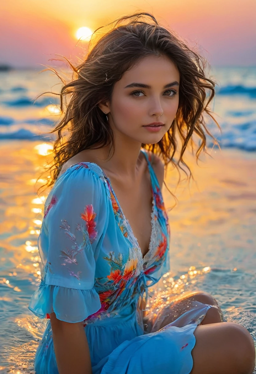 (最佳照明, 最好的影子, 傑作, 高品質), 豐富多彩的, 充滿活力的, 夏日心情, 許多鮮豔的顏色, 穿著淺色夏裝的美麗女人, 坐在清澈的海水和白色的沙灘上, 明亮的藍天.