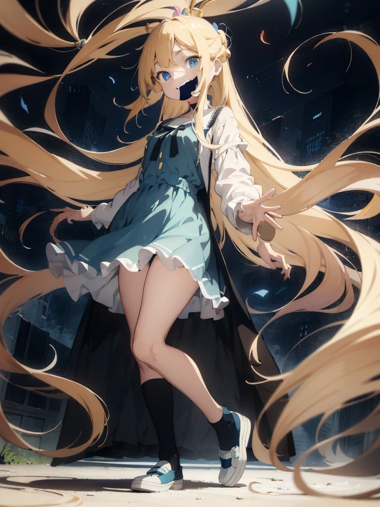 absurdres, uhd, best_quality:1.4, Very long term, Very large eyes, (toddlers), (Lori), Very small stature, long blonde hair, split bangs, parted bangs, blue eyes, flat shoes, dress with empire waistline, pastel colored clothes, magia, A smile, Puella Magi Madoka,