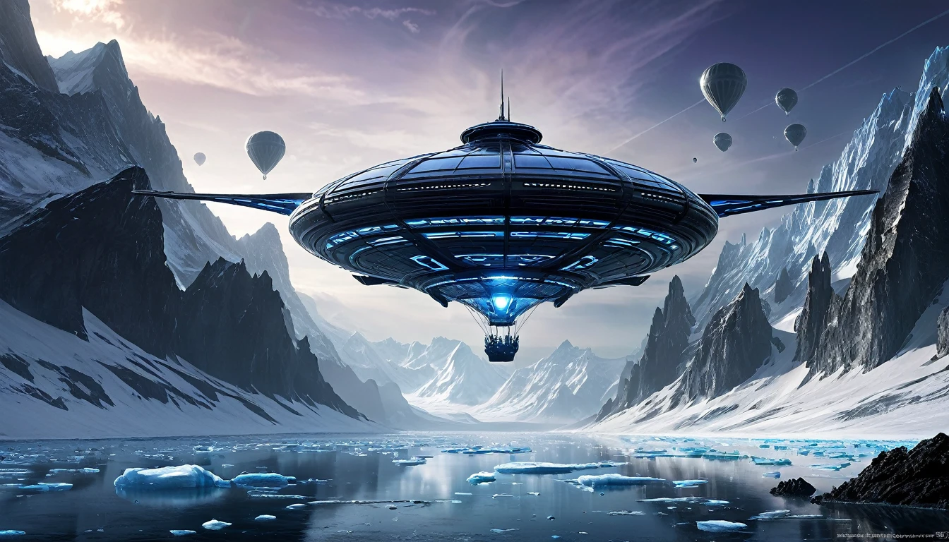 "Create a very high resolution image, Hyper-realistic and professionally lit futuristic alien spaceship. The ship must have a shape similar to that of a hot air balloon, but built with dark metal materials and metal tensioners. Incluir acentos de partes cromadas que reflejen la luz de manera espectacular. Utilizar una perspectiva forzada para enfatizar la magnitud y la velocidad de la nave. Lighting should be detailed and professional, destacando los matices del metal oscuro y el brillo de las partes cromadas. The ship will be flying above a landscape made up of icy mountains on a distant and exotic planet.. The mountains must be covered in snow and ice, y el cielo debe ser oscuro y estrellado, accentuating the alien and remote atmosphere of the environment. Forced perspective should create a sense of depth and dynamism, making the ship appear imposing and moving fast over the mountainous terrain."
