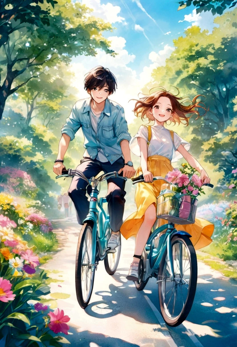 Watercolor style、(masterpiece:1.2)、Children&#39;s book illustrations、Cartoon Art、Future、Manga style、4K、UHD、high quality、High resolution、最high quality、Award-winning、UHD、masterpiece、Fine contouranga style、Cool and edgy、Smiling young couple cycling along a sunny country road、Surrounded by blooming flowers and lush greenery、Happiness Their faces are shining。bright, Bright colors, Film Angle, High detail, Nostalgic, Fashionable, Pause, colorful, With confidence, Expressive, accessories, Coil, Surroundings, stylish, Striking, modern, Fashion DeepL.com(Free version)(最high quality:1.5)、(最high quality:1.2、super quality:1.5)、Translated with watercolors