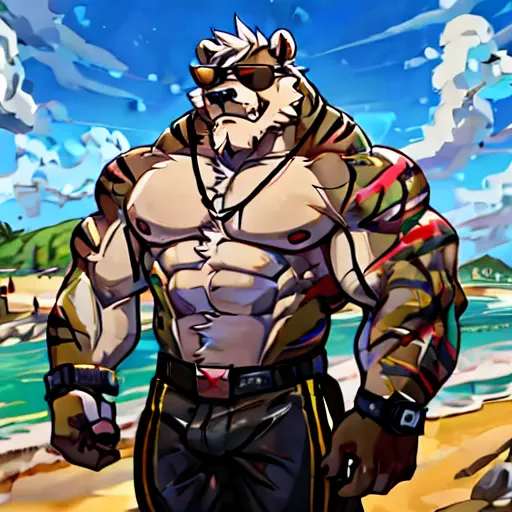 solo, 1boy, huge muscular old grizzly bear wearing sunglasses , pectoral, huge pectoral, wide pectoral, short white hair, black ...