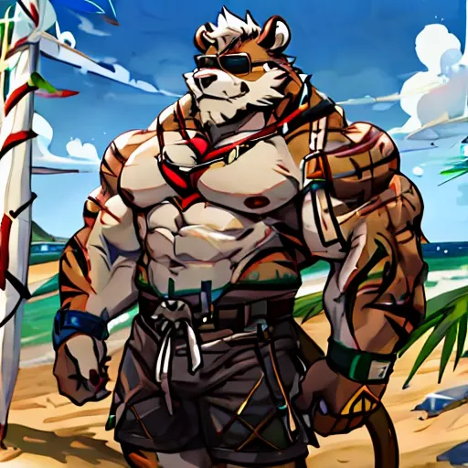 solo, 1boy, huge muscular old grizzly bear wearing sunglasses , pectoral, huge pectoral, wide pectoral, short white hair, black ...