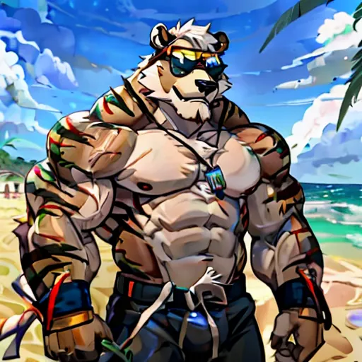 solo, 1boy, huge muscular old grizzly bear wearing sunglasses , pectoral, huge pectoral, wide pectoral, short white hair, black ...