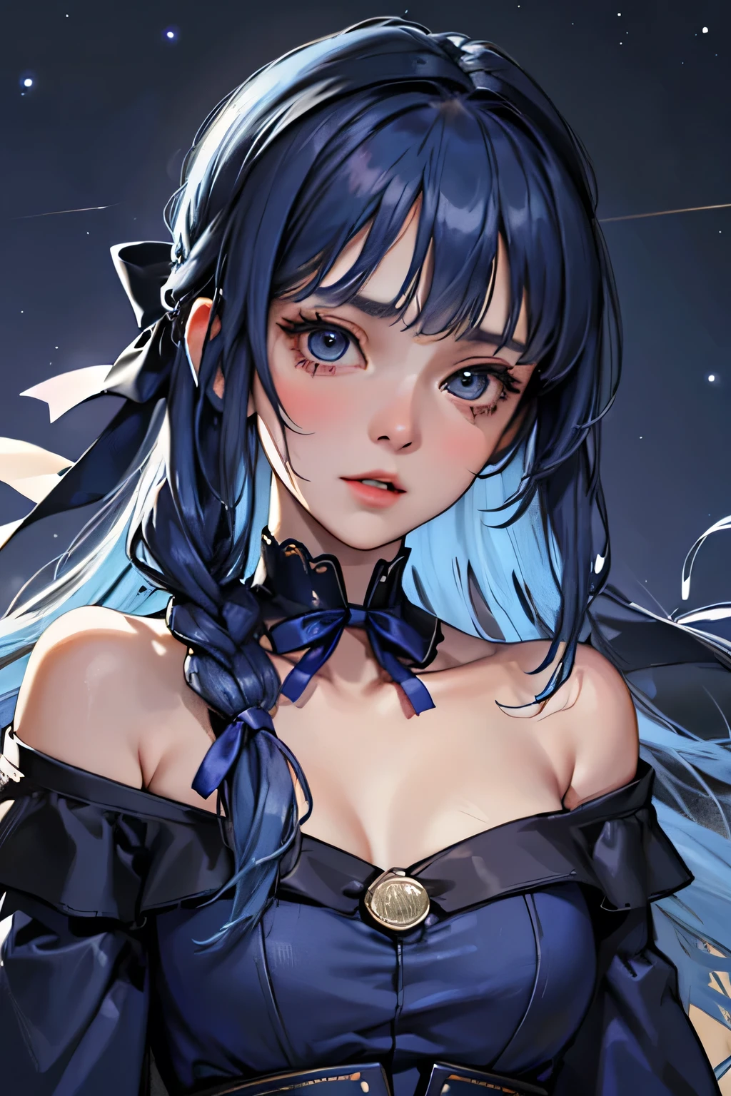 Absurd resolution, high resolution, (masterpiece: 1.4), super detailed, (((detailed face, detailed expression)), a girl with beautiful blue hair, with ribbon in the middle, off shoulder navy blue dress, background is Starry night