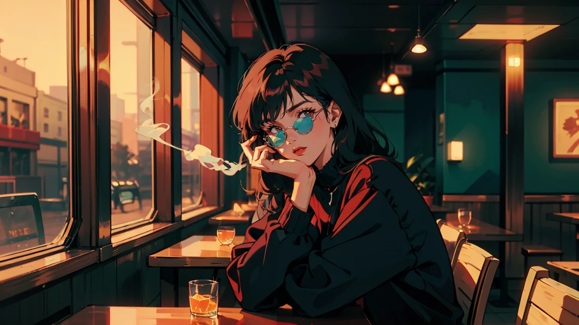 Beautiful redhead Asian girl sitting in a restaurant at night, Visible from the window, Perfect Face, sunglasses, Smoking white Taylormade cigarettes, Neon Black, (Backlight: 1.1), Hard Shadows, masterpiece, highest quality, Complex, Model shooting style, Vintage, Film Grain,