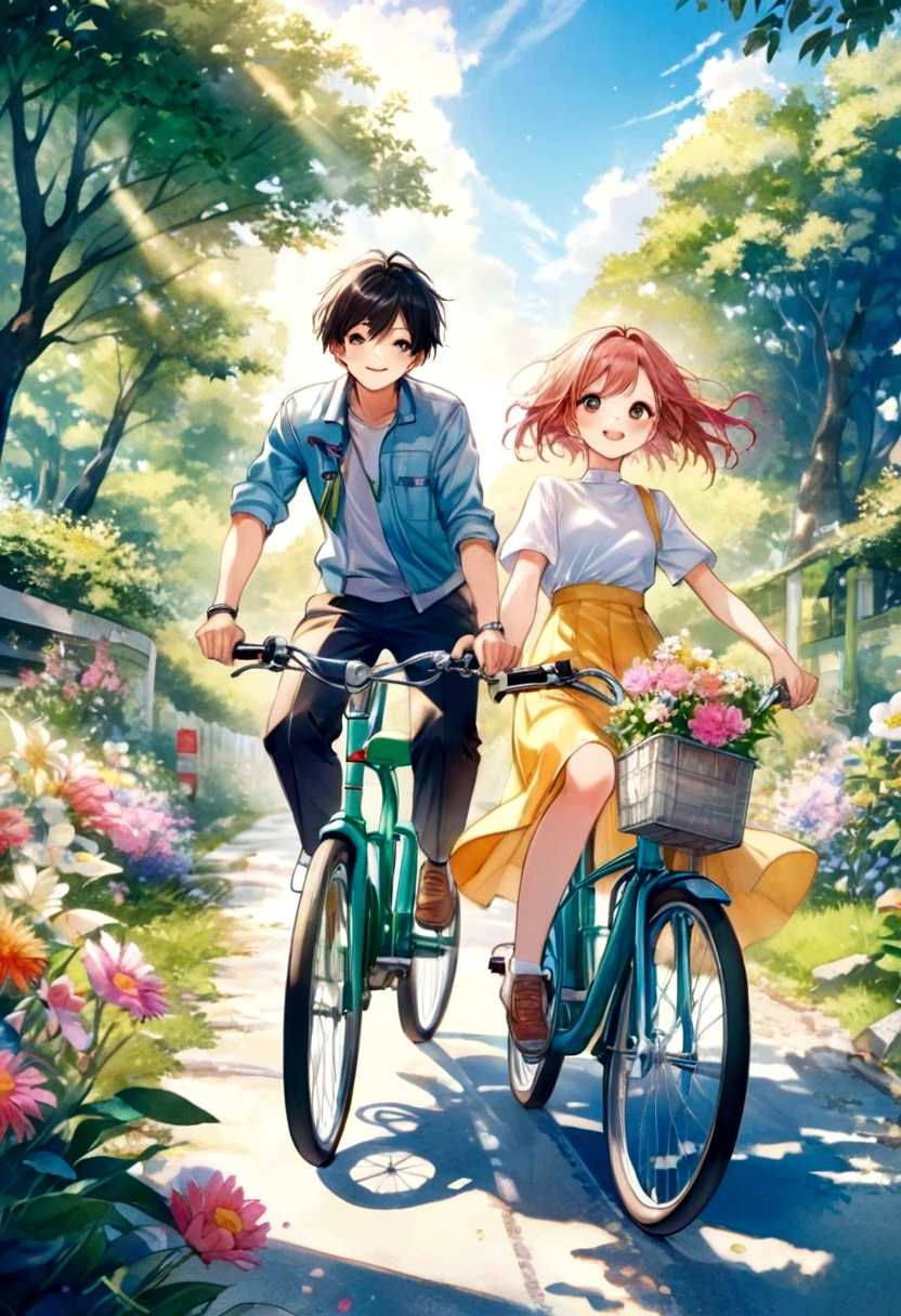 Watercolor style、(masterpiece:1.2)、Children&#39;s book illustrations、Cartoon Art、Future、Manga style、4K、UHD、high quality、High resolution、最high quality、Award-winning、UHD、masterpiece、Fine contours、Manga style、Cool and edgy、Smiling young couple cycling along a sunny country road、Surrounded by blooming flowers and lush greenery、Happiness Their faces are shining。bright, Bright colors, Film Angle, High detail, Nostalgic, Fashionable, Pause, colorful, With confidence, Expressive, accessories, Coil, Surroundings, stylish, Striking, modern, Fashion DeepL.com(Free version)(最high quality:1.5)、(最high quality:1.2、super quality:1.5)、Translated with watercolors!