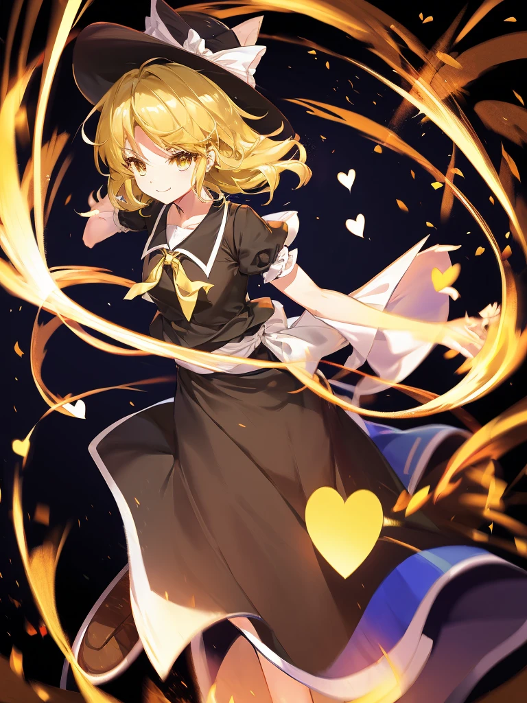 1girl, , , masterpiece, best quality, 10 years old, medium blonde hair, forehead visible bags, yellow eyes, hat, heart, black headwear, puffy short sleeves, log black skirt, heart hads,,1girl, solo, yellow eyes, yellow hair, bow, hat bow, socks, black footwear, black skirt, short sleeves, yuki (touhou), black vest, white sleeves, frill skirt, light smile