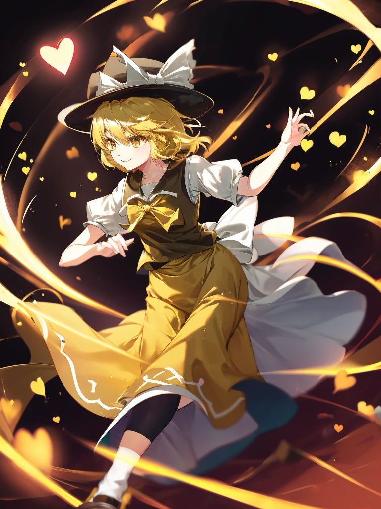 1girl, , , masterpiece, best quality, 10 years old, medium blonde hair, forehead visible bags, yellow eyes, hat, heart, black headwear, puffy short sleeves, log black skirt, heart hads,,1girl, solo, yellow eyes, yellow hair, bow, hat bow, socks, black footwear, black skirt, short sleeves, yuki (touhou), black vest, white sleeves, frill skirt, light smile